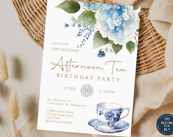 Invito per festa del tè di compleanno / Invito per tè pomeridiano / Invito per una festa del tè / Modello modificabile / Ortensie blu / 205