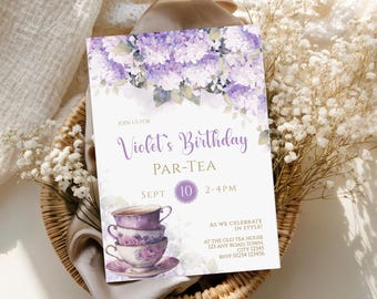 May include: A rectangular birthday invitation card featuring a watercolor illustration of purple hydrangea flowers at the top and a stack of three floral teacups at the bottom. The text reads: JOIN US FOR Violet's Birthday PAR-TEA SEPT 10 2-4PM.