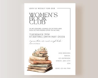 Editable Book Club Invite | Vintage Book Club Invitation | Book Party Flyer |  Reading Group | Community Event | Editable Template 170