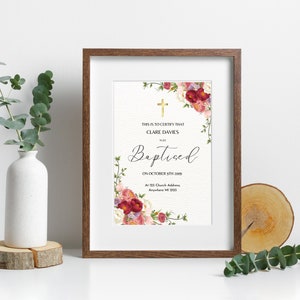 Plantilla de certificado de bautismo editable / Elegante certificado floral rojo de bautismo / Dedicación del bebé / Certificado de iglesia imprimible BP101