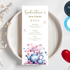 Valentinstag Tee Menü Vorlage | Galentines Tag Tea Party Menü | Bearbeitbares Brunch-Menü | Menükarte Vorlage | High Tea | Valentinstag | 297
