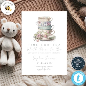 Zeit für Tee mit Mama zu sein | Bearbeitbare Babypartyeinladung | Tee-Party-Babyparty | Nachmittagstee Party | Floral Tee Party einladen | 235