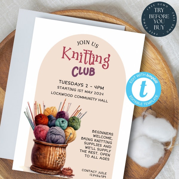 Knitting Club Flyer Template, Knitting Group Invite, Craft Activity, Community Event, Editable Invitation, Church Social, Women’s Club | 196