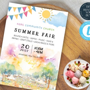 May include: A colorful watercolor illustration of a summer fair with a banner that reads "HOPE COMMUNITY CHURCH SUMMER FAIR" and details about the event, including the date, time, and location. The illustration features a bouncy castle, games, music, food, drinks, craft stalls, and wacky races.