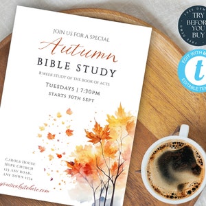 Invitación al estudio bíblico de otoño / Cartel del grupo de la iglesia de otoño / Folleto del club de lectura cristiana / Grupo de mujeres, Invitación editable, Iglesia imprimible, 250