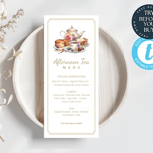 Klassische Nachmittagstee Menü Vorlage | Bearbeitbares High Tea Menü | Printable Tea Party Menü | PTA PTO, Brautparty, Babyparty, Gartenparty | 219