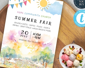 May include: A colorful watercolor illustration of a summer fair with a banner that reads "HOPE COMMUNITY CHURCH SUMMER FAIR" and details about the event, including the date, time, and location. The illustration features a bouncy castle, games, music, food, drinks, craft stalls, and wacky races.