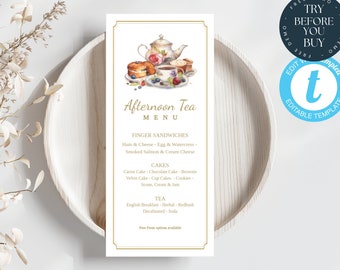 Classic Afternoon Tea Menu Template | Editable High Tea Menu | Printable Tea Party Menu | PTA PTO, Bridal, Baby Shower, Garden Party | 219