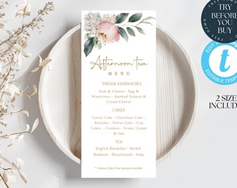 Afternoon Tea Menu Template | Editable Event Menu | Printable Menu | Tea Party | School PTA PTO, | Bridal, Baby Shower | Garden Party | 220