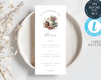 Afternoon Tea Menu Template | Editable Event Menu | Bridal, Baby Shower | Printable Menu | Tea Party | School PTA, PTO | Garden Party | 237