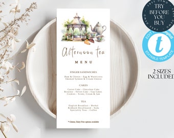 Afternoon Tea Menu Template | Editable Event Menu | Printable Menu | Church Tea Party | PTA PTO, | Bridal, Baby Shower | Garden Party | 181