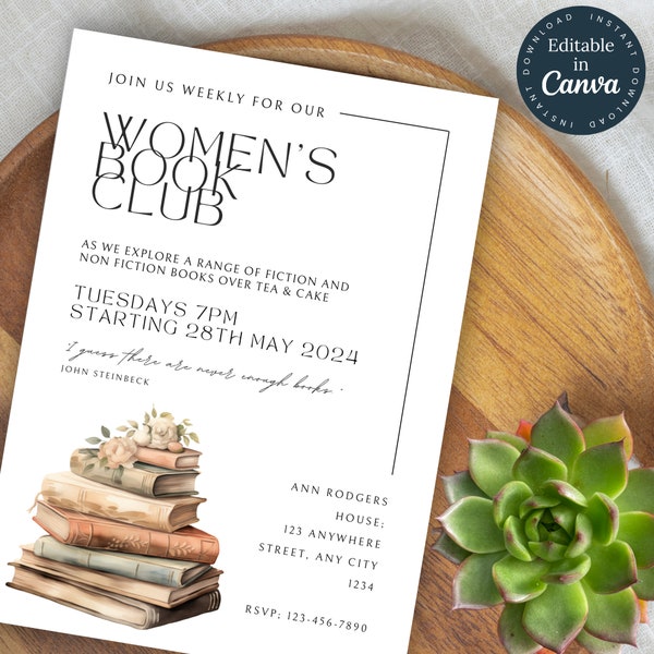 Editable Book Club Invite | Vintage Book Club Invitation | Book Party Flyer |  Reading Group | Community Event | Editable Template 170