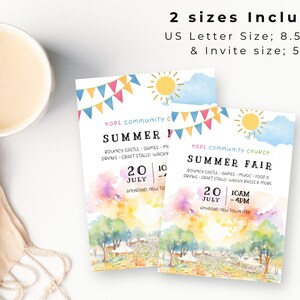 May include: A colorful invitation for a summer fair at Hope Community Church. The invitation features a watercolor illustration of a summer fair with a bouncy castle, games, food, and drinks. The fair is on July 20th from 10am to 4pm. The invitation is available in two sizes: 8.5 x 11 inches and 5 x 7 inches.