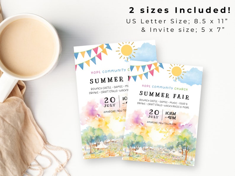 May include: A colorful invitation for a summer fair at Hope Community Church. The invitation features a watercolor illustration of a summer fair with a bouncy castle, games, food, and drinks. The fair is on July 20th from 10am to 4pm. The invitation is available in two sizes: 8.5 x 11 inches and 5 x 7 inches.