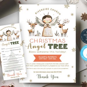 May include: Christmas Angel Tree flyer and tag with illustrations of an angel and deer. The flyer has text that reads "Bless someone this holiday!" and "Accepting donations 15th Nov - 15th Dec."