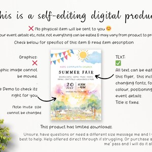 May include: Editable digital flyer template for a summer fair. The flyer features a watercolor background with a sun, trees, and colorful flags. The text "Summer Fair" is in a bold font and the date and time are listed below. The text is customizable, but the graphic image is not.