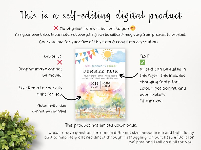 May include: Editable digital flyer template for a summer fair. The flyer features a watercolor background with a sun, trees, and colorful flags. The text "Summer Fair" is in a bold font and the date and time are listed below. The text is customizable, but the graphic image is not.