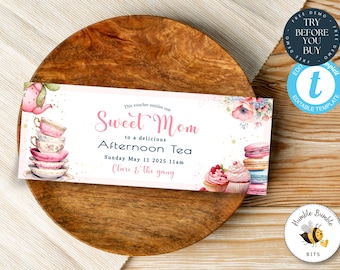 Mothers Day Afternoon Tea Gift Voucher -Sweet Mom Tea Party Personalised  Voucher, Last Minute Gift for Mom, High Tea, Editable Coupon, 340