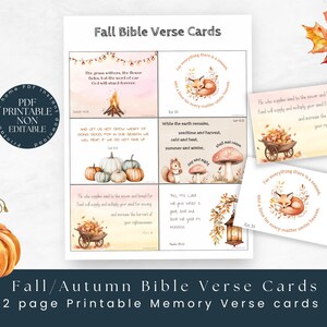 May include: Printable autumn-themed Bible verse cards with illustrations of pumpkins, squirrels, and foxes. The cards feature verses such as "The grass withers, the flower fades, but the word of our God will stand forever." and "For everything there is a season, and a time for every matter under heaven."