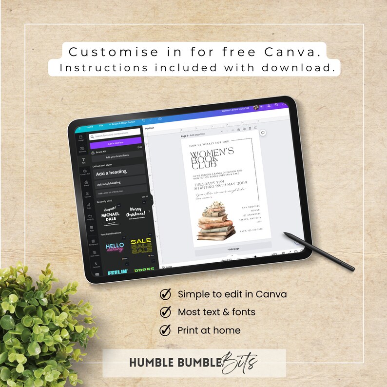 May include: A digital tablet displays a Women's Book Club flyer template, customizable in Canva. The flyer features a stack of books and floral accents. Text on the tablet reads: "Customise in for free Canva. Instructions included with download."