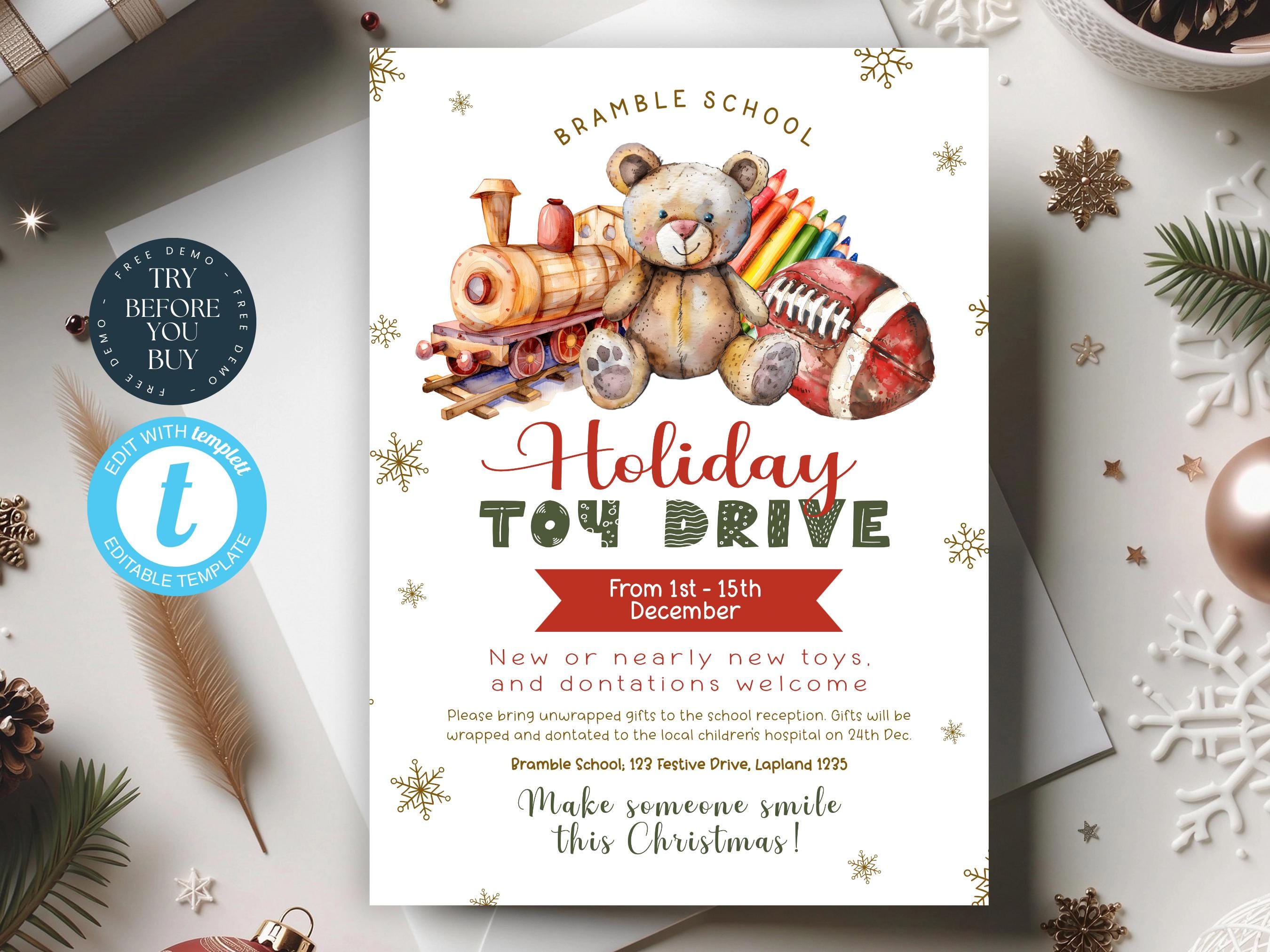 Editable Christmas Toy Drive Flyer | Charity Event | Toy Drive Invite | Holiday School Pto/Pta Community Fundraiser | Christmas Poster | 291
