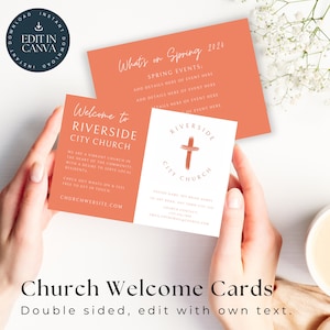 Sjabloon voor oranje kerk welkomstkaarten | Digitale download | Bewerkbare kerkbron | DIY Canva-sjabloon | Bezoekerskaart voor kerk | wc102