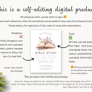 K&ouml;nnte beinhalten: Digitaler Flyer f&uuml;r eine Bibelstunde mit einer Illustration eines offenen Buches mit floralen Elementen. Der Text besagt, dass der gesamte Text bearbeitbar ist, w&auml;hrend die Grafiken fest sind. Eventdetails enthalten.