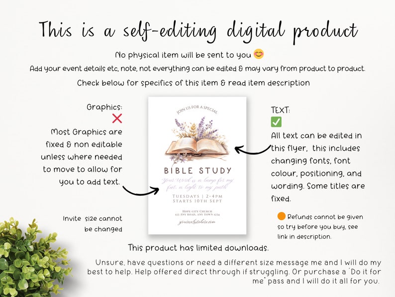 K&ouml;nnte beinhalten: Digitaler Flyer f&uuml;r eine Bibelstunde mit einer Illustration eines offenen Buches mit floralen Elementen. Der Text besagt, dass der gesamte Text bearbeitbar ist, w&auml;hrend die Grafiken fest sind. Eventdetails enthalten.