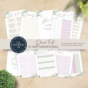 May include: A 30-page planner bundle for a Daniel Fast. The bundle includes a 21-day reading planner, a 21-day fasting tracker, a Bible study journal page, and a meal planner. The pages are decorated with floral illustrations and the text "Daniel Fast 30 Page Planner Bundle".