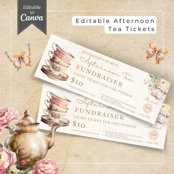 Editable afternoon tea event tickets | Printable Tea Party Ticket | Gift Voucher | Church, Charity, Community, PTO PTA | Template | 162