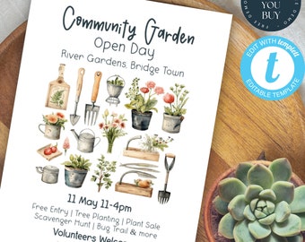 Può includere: Un volantino bianco con un'illustrazione ad acquerello di attrezzi da giardinaggio e fiori. Il testo recita "Community Garden Open Day, River Gardens, Bridge Town, 11 maggio 11-16, Ingresso gratuito | Piantagione di alberi | Vendita di piante, Caccia al tesoro | Sentiero degli insetti e altro, Volontari benvenuti, communitygardens.com".
