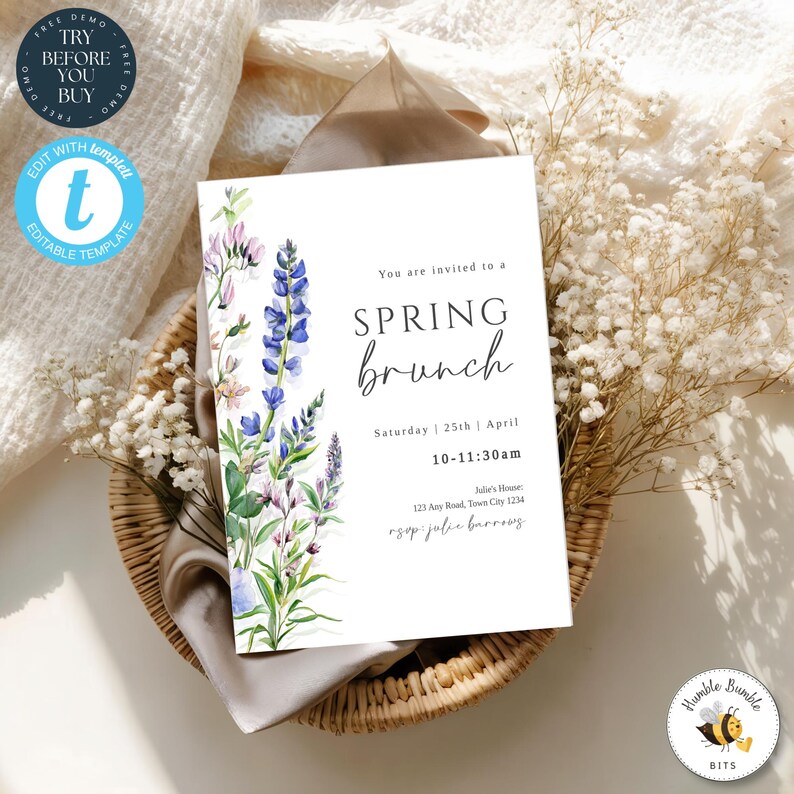Spring Brunch Invitation Template | Floral Brunch Party Invite | Editable 236 image 1
