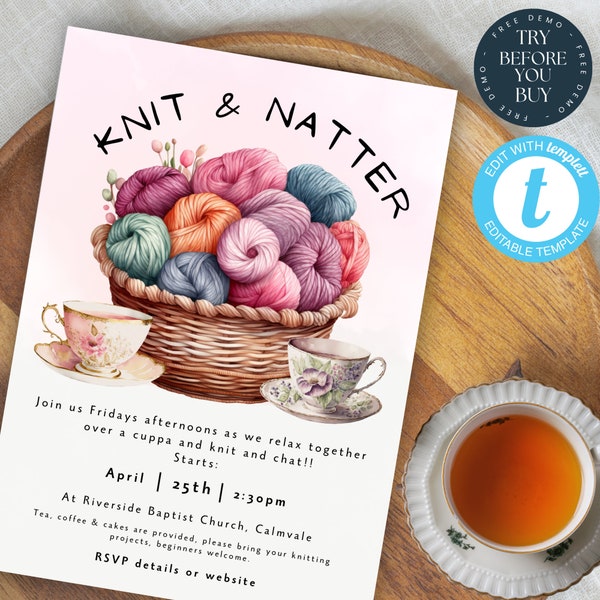 Knit & Natter Flyer Template | Knitting Group Invite | Community Event | Editable Invite | Church Event Invite | Women’s Club | 192