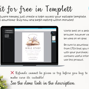 K&ouml;nnte beinhalten: Ein Laptop zeigt eine Vorlage f&uuml;r ein Bibelstudium mit floralen Akzenten und dem Text "Bible Study". Der Bildschirm zeigt auch den Text "Edit for free in Templett" und Anweisungen. Ein Logo mit dem Text "Edit with Templett" befindet sich oben rechts.