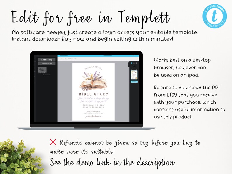 K&ouml;nnte beinhalten: Ein Laptop zeigt eine Vorlage f&uuml;r ein Bibelstudium mit floralen Akzenten und dem Text "Bible Study". Der Bildschirm zeigt auch den Text "Edit for free in Templett" und Anweisungen. Ein Logo mit dem Text "Edit with Templett" befindet sich oben rechts.