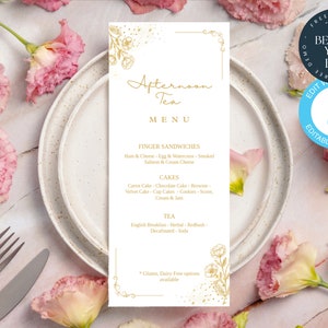 Gold Vintage Nachmittagstee Menü Vorlage | Bearbeitbares Ereignismenü | Printable Tea Party Menü | PTA PTO, Brautparty, Babyparty, Gartenparty | 211