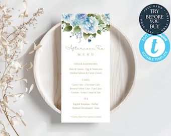 Blue Hydrangea Bridal Shower Menu | Editable Afternoon Tea Party Menu Template | Printable High Tea Design - 205