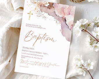 May include: A baptism invitation with a gold cross and watercolor floral design in pink and brown hues. The invitation includes the word "Baptism" in elegant script, along with event details and a Bible verse.