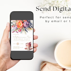May include: A digital invitation for an afternoon tea birthday party. The invitation features a watercolor floral design with teacups and the text "Afternoon Tea Birthday Party".