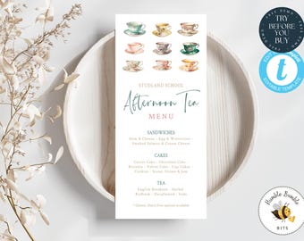 Bridal Shower Menu Template | Editable Tea Party Menu | Printable High Tea Bridal Luncheon Design | 111