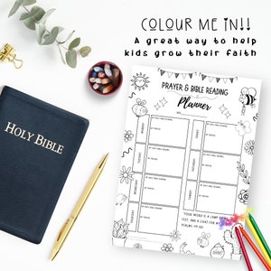 May include: A black and white printable planner for kids to track their daily Bible reading and prayer. The planner features a bee, flowers, and the quote "Your word is a lamp to my feet, and a light for my path." Psalms 119:105.