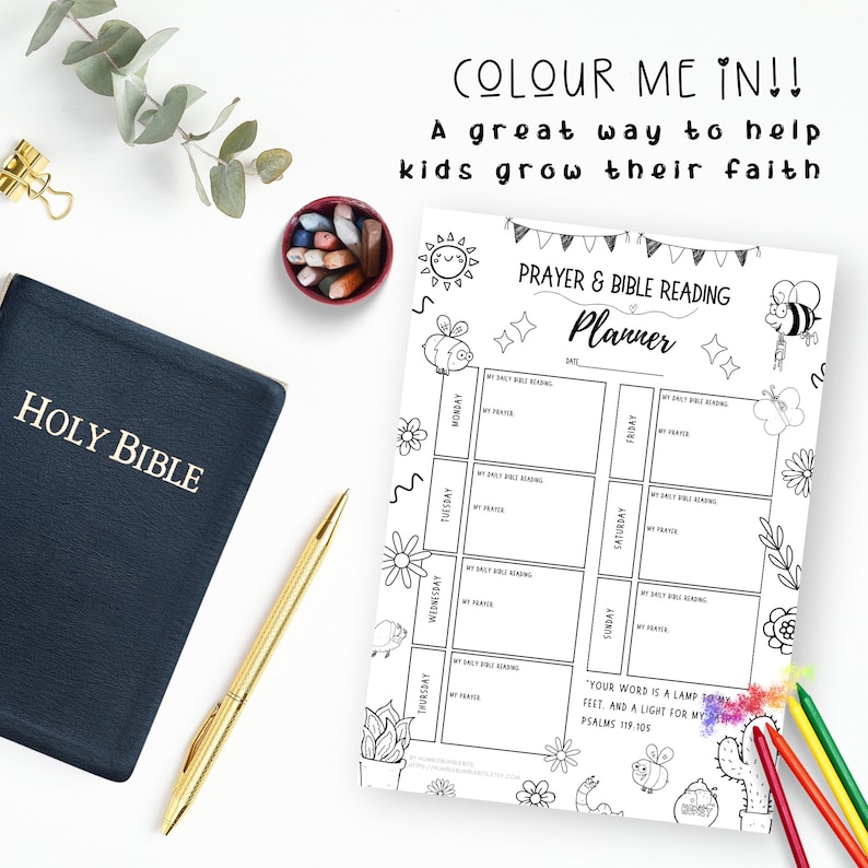 May include: A black and white printable planner for kids to track their daily Bible reading and prayer. The planner features a bee, flowers, and the quote "Your word is a lamp to my feet, and a light for my path." Psalms 119:105.