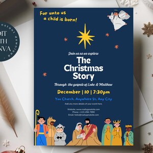 May include: A navy blue Christmas Story event flyer with gold star and angel illustrations. Text includes "For unto us a child is born!" and event details: December 10, 7:30pm, and a church location. The flyer is designed to be edited with Canva.