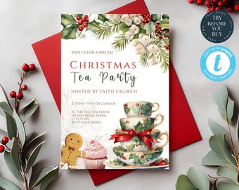 Christmas Tea Party Invite | Holiday Invitation Template | Editable Birthday Holiday Digital Invite | Christmas Bridal Shower Invite | 276
