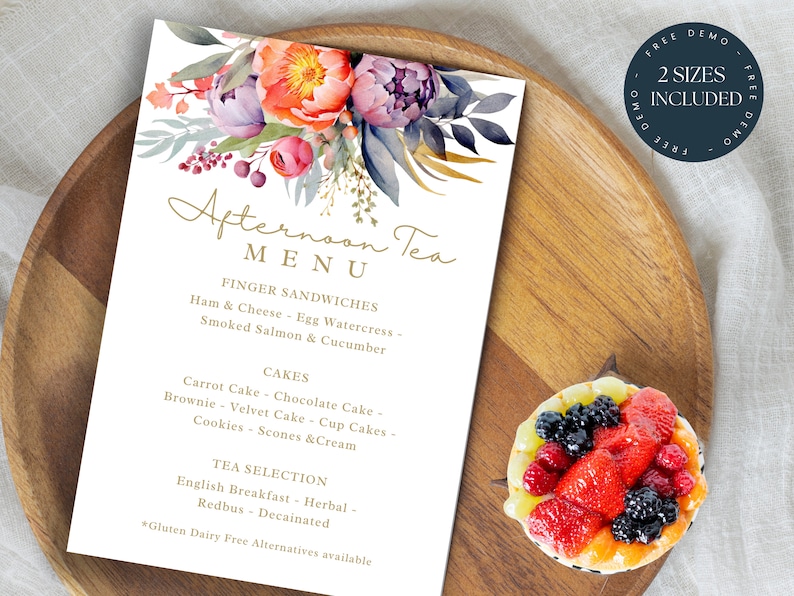 Spring Time High Tea Menu Card Afternoon Tea Menu Template | Editable Event Menu Card | Printable Menu ...