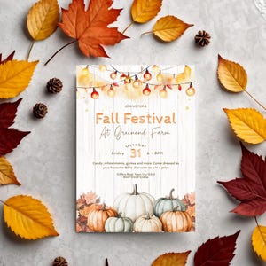 May include: An invitation for a Fall Festival at Greenend Farm, with the date October 31. The design includes pumpkins, autumn leaves, and fairy lights. The text reads "Candy, refreshments, games and more. Come dressed as your favourite Bible character."