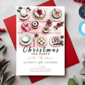 Christmas Tea Party Invite | Holiday Par-tea Invitation Template | Editable Xmas Birthday Digital Invite | Church Event, Bridal Shower | 284