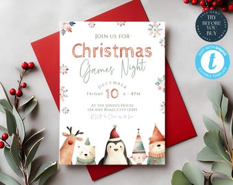 Christmas Games Night Invitation Template | Family Game Night Invite | Holiday Party Invitation | Work Xmas Party | Kids, Adult Party | 273