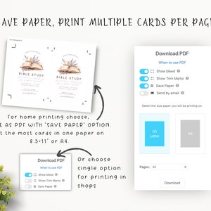K&ouml;nnte beinhalten: Digitaler Download-Grafik mit Anweisungen zum Drucken von Bibelstudienkarten. Das Bild zeigt zwei Karten mit einem offenen Buch und floralen Akzenten sowie PDF-Download-Optionen. Der Text enth&auml;lt "Save Paper, Print Multiple Cards Per Page."