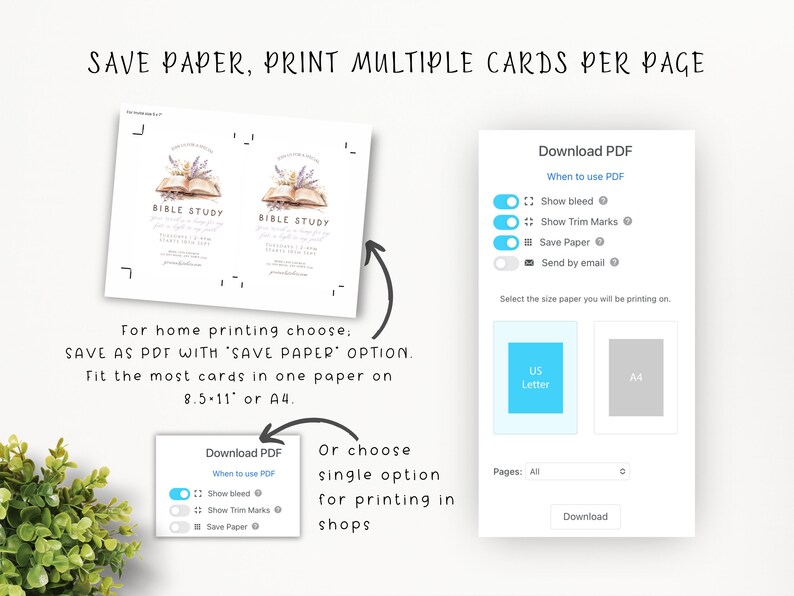 K&ouml;nnte beinhalten: Digitaler Download-Grafik mit Anweisungen zum Drucken von Bibelstudienkarten. Das Bild zeigt zwei Karten mit einem offenen Buch und floralen Akzenten sowie PDF-Download-Optionen. Der Text enth&auml;lt "Save Paper, Print Multiple Cards Per Page."